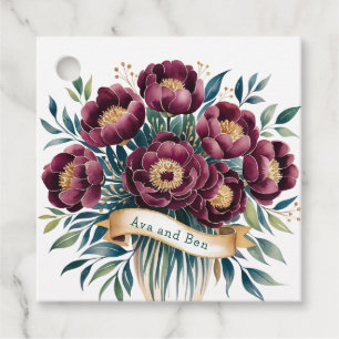Elegant Burgundy & Emerald Peony with Gold Accent Favour Tags