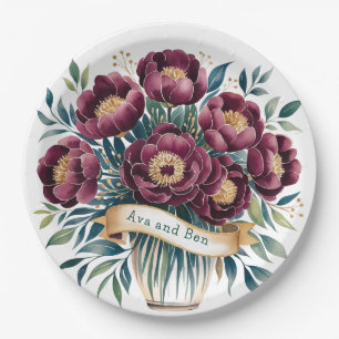 Elegant Burgundy & Emerald Peony with Gold Accent Paper Plate