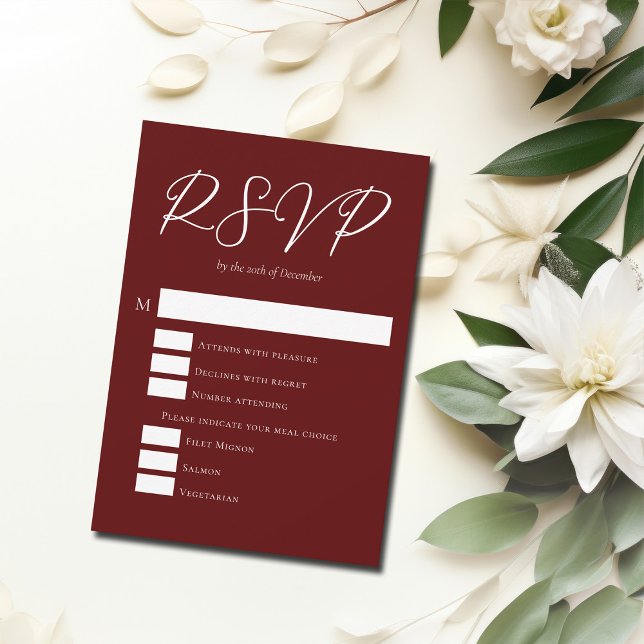 Elegant Burgundy Evening Wedding w Meal Choices RSVP Card (Creator Uploaded)