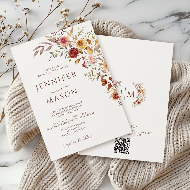 Elegant Burgundy Fall Autumn Floral Wedding QR In Invitation (Creator Uploaded)
