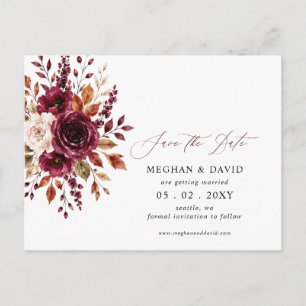 Elegant Burgundy Fall Floral Save the Date Announcement Postcard
