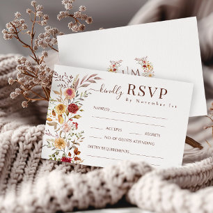 Elegant Burgundy Fall Floral Wedding RSVP Cards