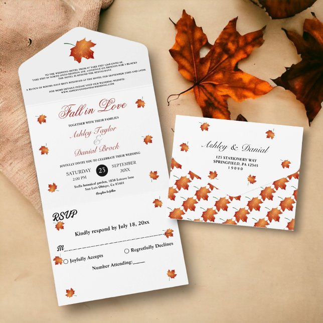 Elegant Burgundy Fall Leaves Autumn Floral Wedding All In One Invitation (Creator Uploaded)