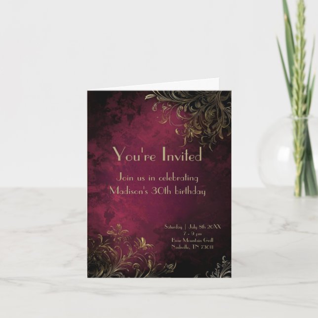 Elegant Burgundy & Faux Gold Invitation (Front)