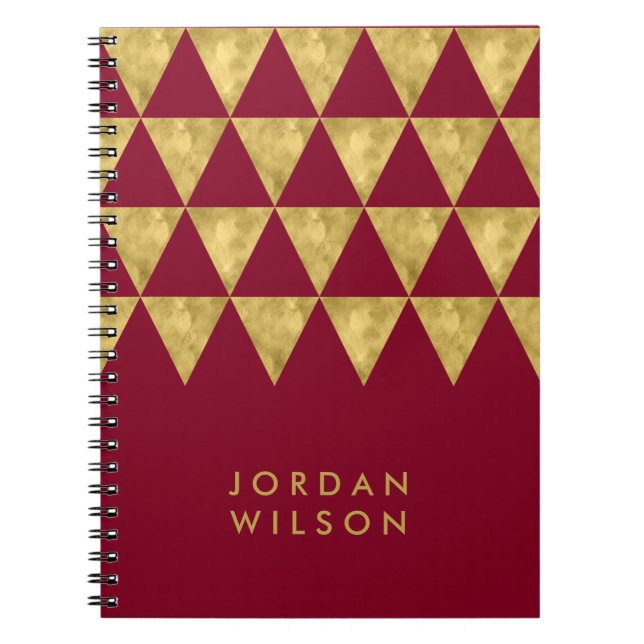 Elegant Burgundy Faux Gold Triangle Pattern Spiral Notebook (Front)