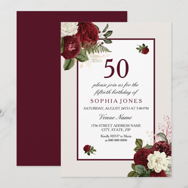 Elegant Burgundy Floral 50th Birthday Party Invitation (Front/Back)