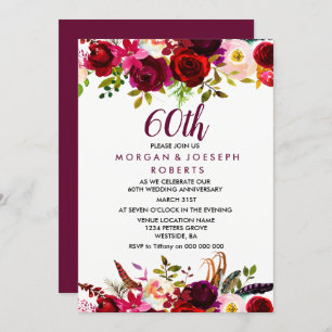 Elegant Burgundy Floral 60th Wedding Anniversary Invitation