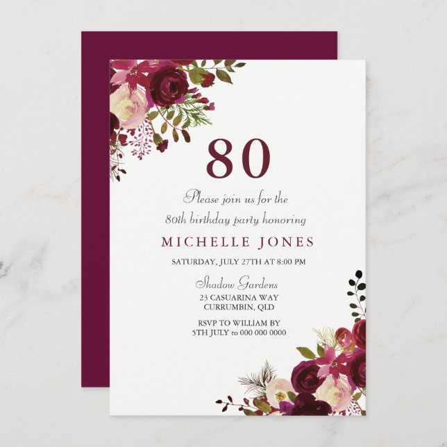 Elegant Burgundy Floral 80th Birthday Invitation (Front/Back)