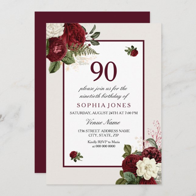 Elegant Burgundy Floral 90th Birthday Party Invitation (Front/Back)
