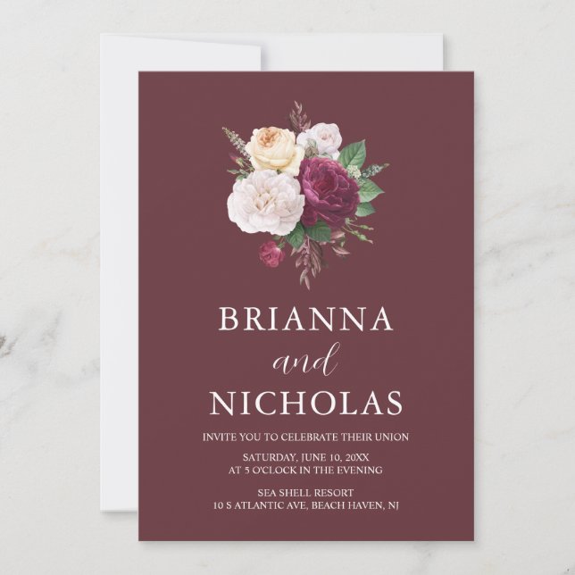 Elegant Burgundy Floral All in One Wedding Invitation (Front)