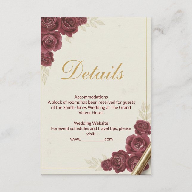 Elegant Burgundy Floral and Gold Wed Details Card (Front)