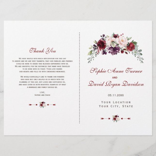 Elegant Burgundy Floral Antlers Wedding Program (Front)