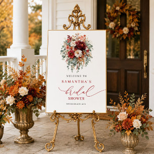 Elegant burgundy floral autumn bridal shower poster