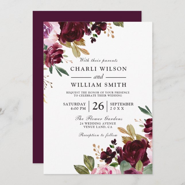 Elegant Burgundy Floral Autumn Fall Spring Wedding Invitation (Front/Back)