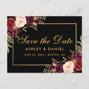 Elegant Burgundy Floral Black Gold Save The Date Announcement Postcard