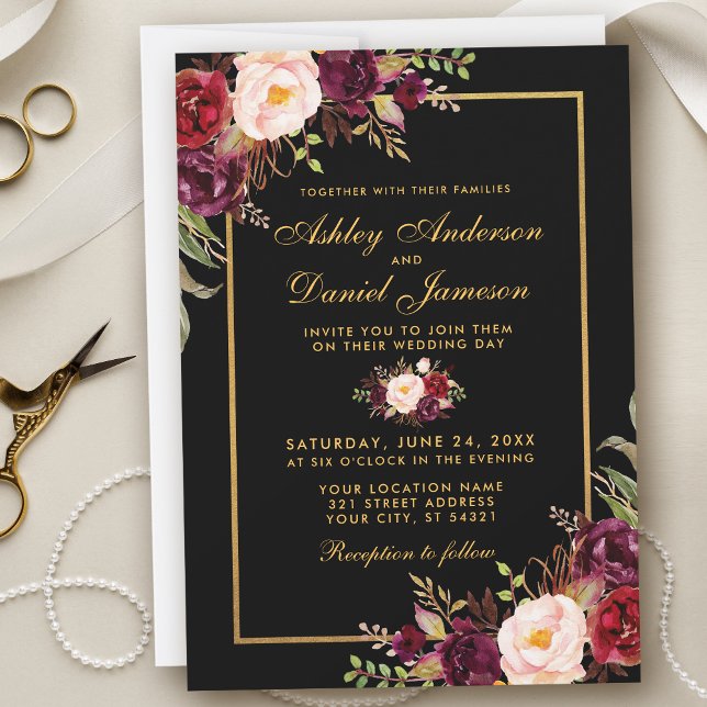 Elegant Burgundy Floral Black Gold Wedding Invitation (Customize to change text color, style, add text & photos to back or change color of back of card.)