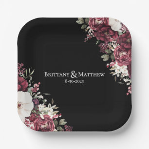 Elegant Burgundy Floral Black Wedding Paper Plate
