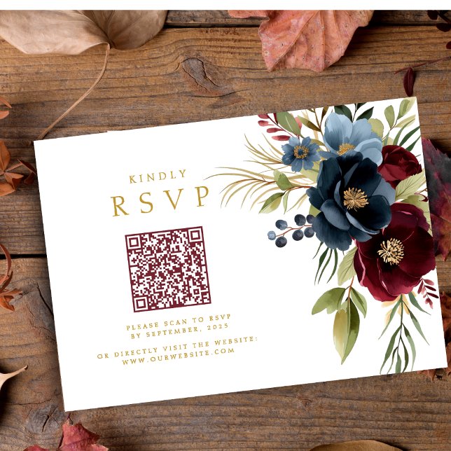Elegant Burgundy Floral Bloom QR code wedding RSVP (Creator Uploaded)