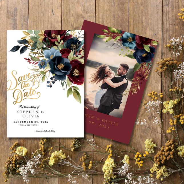 Elegant Burgundy Floral Blooms & Greenery  Save The Date (Creator Uploaded)