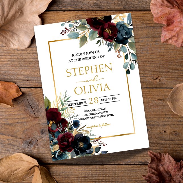 Elegant Burgundy Floral Blooms & Greenery wedding Invitation (Creator Uploaded)