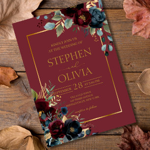 Elegant Burgundy Floral Blooms & Greenery wedding Invitation