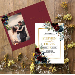 Elegant Burgundy Floral Blooms & Greenery wedding Invitation Postcard