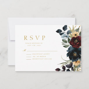 Elegant Burgundy Floral Blooms & Greenery Wedding RSVP Card