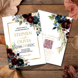 Elegant Burgundy Floral Blooms wedding QR details Invitation