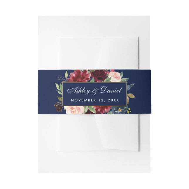 Elegant Burgundy Floral Blue Gold Wedding Invitation Belly Band (Front Example)