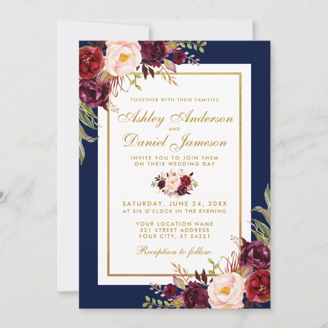 Elegant Burgundy Floral Blue Gold Wedding Invite (Front)