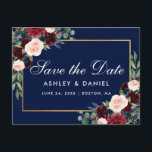 Elegant Burgundy Floral Blue Save The Date Announcement Postcard<br><div class="desc">Watercolor Floral Burgundy Marsala,  Blue and Gold Save The Date Engagement Postcard</div>