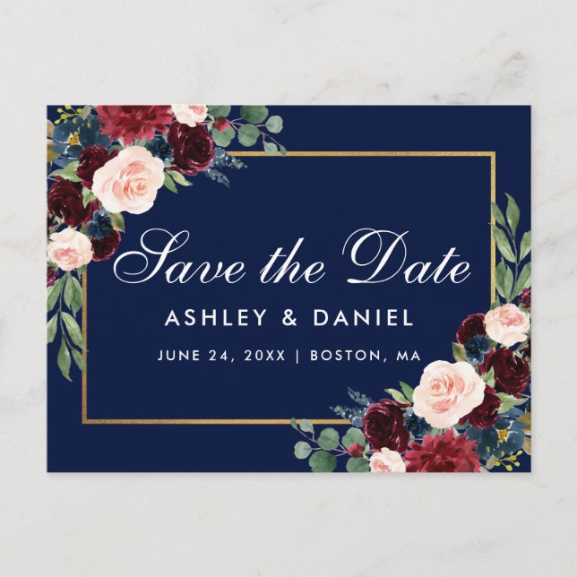 Elegant Burgundy Floral Blue Save The Date Announcement Postcard (Front)