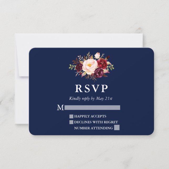 Elegant Burgundy Floral Blue Wedding RSVP (Front)
