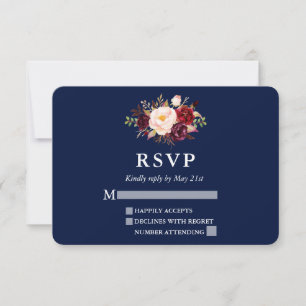 Elegant Burgundy Floral Blue Wedding RSVP Card