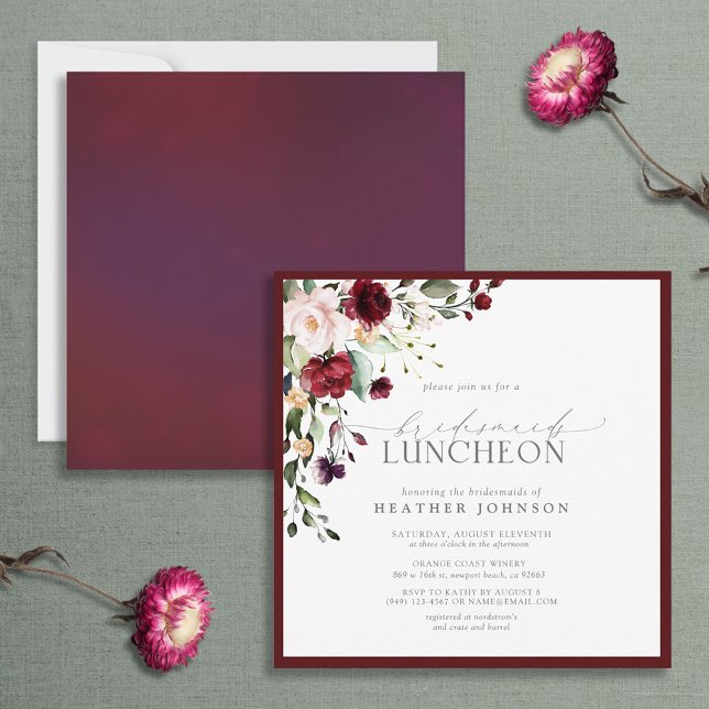 Elegant Burgundy Floral Bridal Luncheon Invitation (Creator Uploaded)