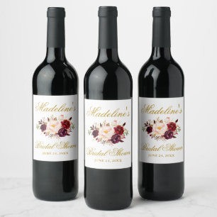 Elegant Burgundy Floral Bridal Shower Gold Wine Label