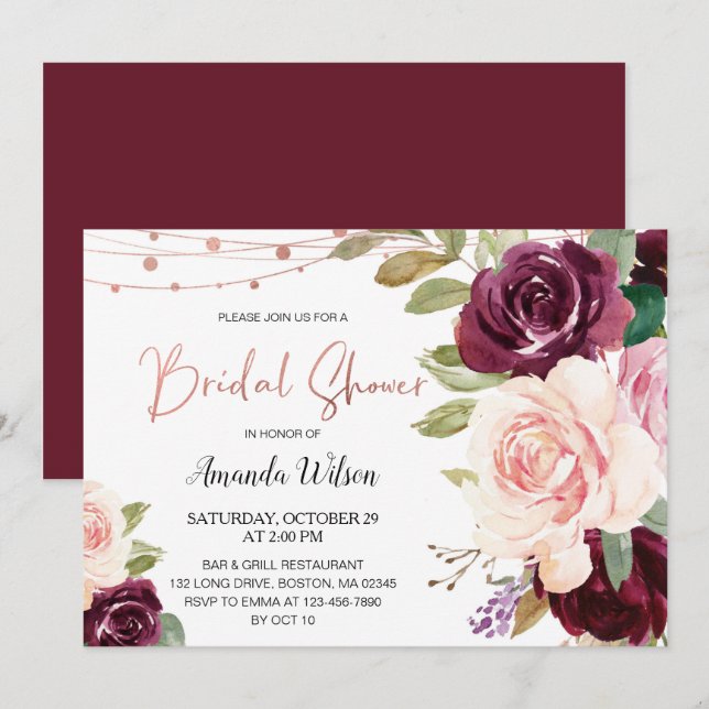 Elegant Burgundy Floral Bridal Shower  Invitation (Front/Back)