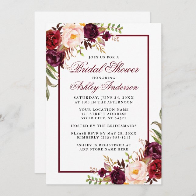 Elegant Burgundy Floral Bridal Shower Invitation (Front/Back)