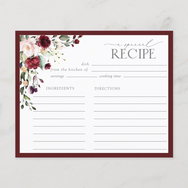 Elegant Burgundy Floral Bridal Shower Recipe Card (Front)
