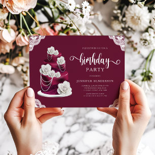 Elegant Burgundy Floral Cake Birthday Invitation