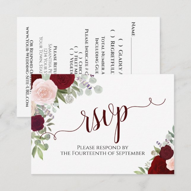 Elegant Burgundy Floral Calligraphy Wedding RSVP Card