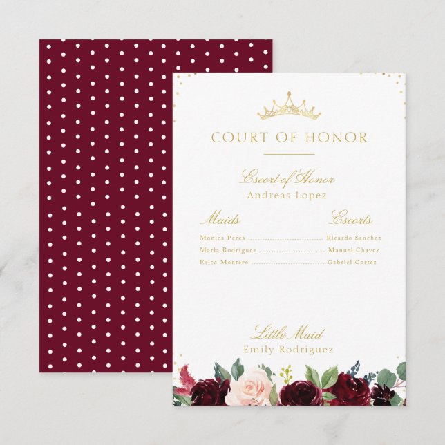 Elegant burgundy floral court of honour card (Front/Back)