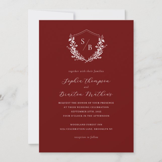 Elegant Burgundy Floral Crest Monogram Wedding Invitation (Front)