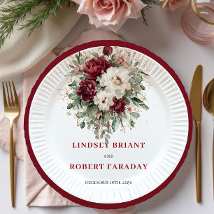 Elegant Burgundy Floral Eucalyptus Gold Paper Plate