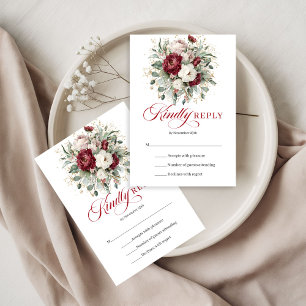 Elegant Burgundy Floral Eucalyptus Gold Wedding   RSVP Card