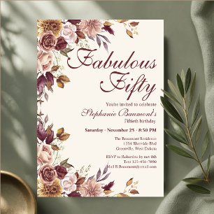 Elegant Burgundy Floral Fabulous Border Fifty Bday Invitation