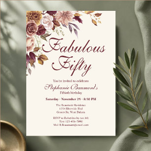 Elegant Burgundy Floral Fabulous Corner Fifty Bday Invitation