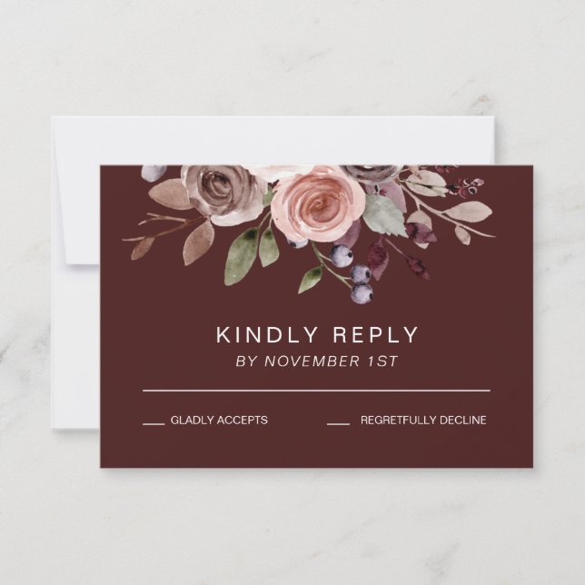 Elegant burgundy Floral Fall Wedding RSVP Card (Front)
