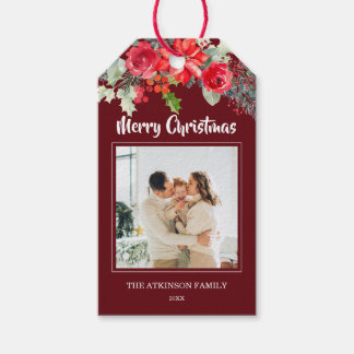 Elegant Burgundy Floral Family Photo Christmas Gift Tags