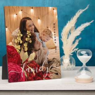 Elegant Burgundy Floral Family Script Photo Plaque